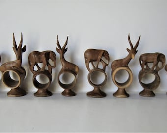 9 Vintage, Hand Carved Wood Animal Napkin Rings, 6" tall, Antelopes, Elephants, Safari table setting, gift idea