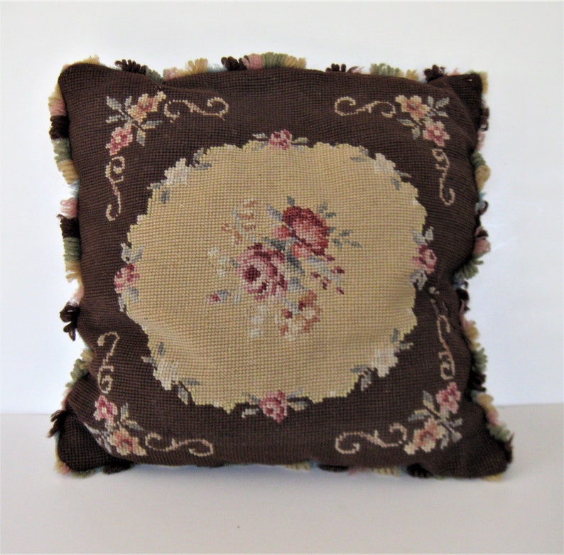 Cushion Cover with Tassels 14” X 14” Wool Needlepoint Yellow Floral Pillow