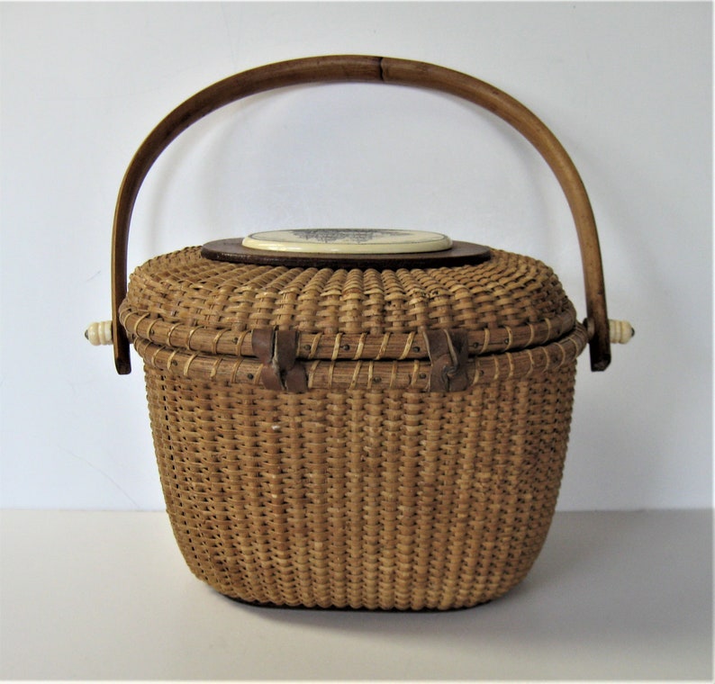 Vintage Barlow Nantucket basket purse Sailing ship scrimshaw Etsy
