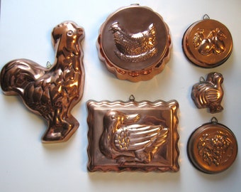 6 vintage copper molds, 8" x 12" largest, Rooster, Duck, Chicken, fruit French Country Farmhouse kitchen, copper gallery wall hangings