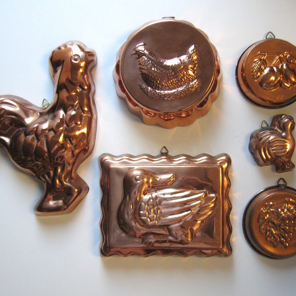 6 vintage copper molds, 8" x 12" largest, Rooster, Duck, Chicken, fruit French Country Farmhouse kitchen, copper gallery wall hangings