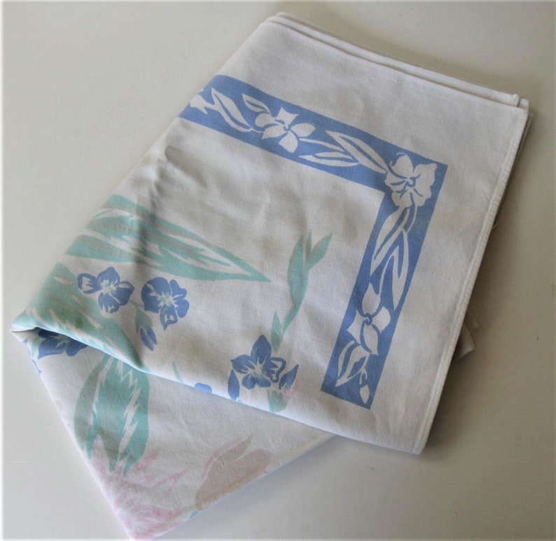 49 x 44 Retro linens floral gift idea prop Cutters rectangle Shabby cotton Mid Century Floral Tablecloth blue and turquoise