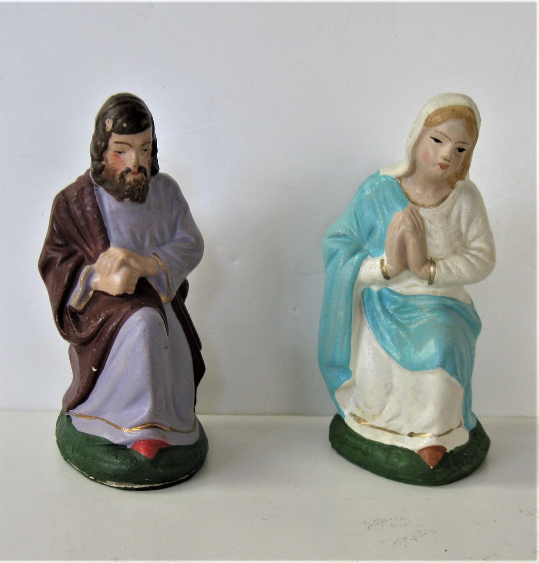 2 Vintage Hand Painted German Nativity Figures, Mary and Joseph, 4 1/2