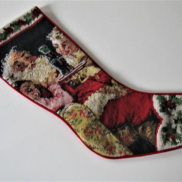 Vintage 1997 Coca Cola needlepoint Christmas stocking, Santa and Coke, holly, Christmas Eve fireplace décor, 19" long, helicopter, gift