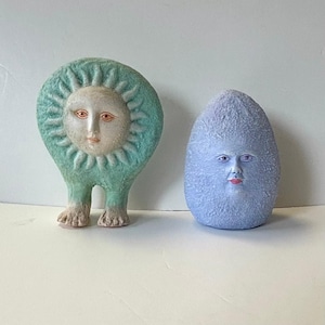 Bundle of 2 signed Alexander Flores sculptures, sun and moon face ceramic figures, Mexican celestial art figures, collectible Hispanic art