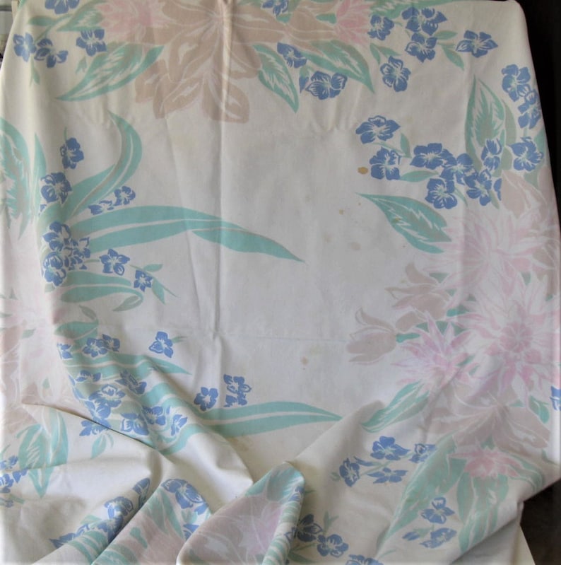 49 x 44 Retro linens floral gift idea prop Cutters rectangle Shabby cotton Mid Century Floral Tablecloth blue and turquoise