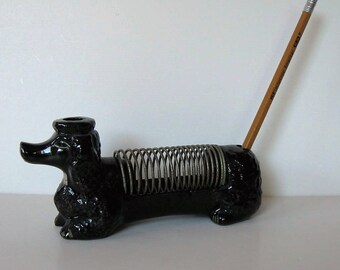 Vintage ceramic Dachshund spiral letter and pen holder, 7" long, desk accessory, black Wiener dog, office organizer, stamp sponge, gift idea