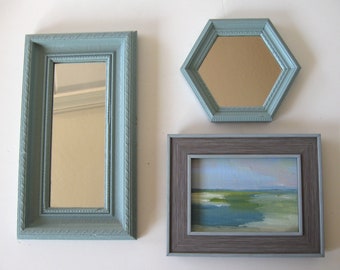 Set of turquoise framed mirrors and art, framed original seascape painting, rectangle and hexagon framed mirror, unique gallery wall, gift