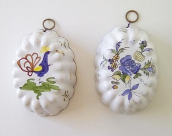 2 Vintage ceramic molds, 4" x 6",  farmhouse kitchen wall hangings, hand painted gallery wall décor, scalloped edges, flowers, bird, gift