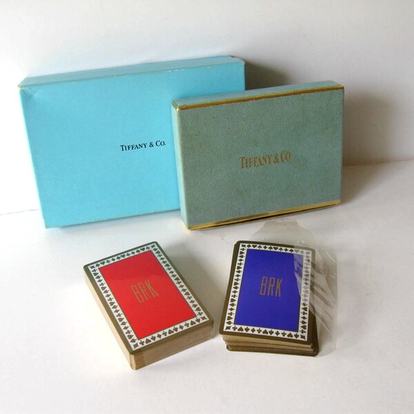 VENTA, Tiffany Vintage raro y compañía jugando a las cartas con casos originales, cubierta doble, idea regalo, puente, juegos, rojo y azul
