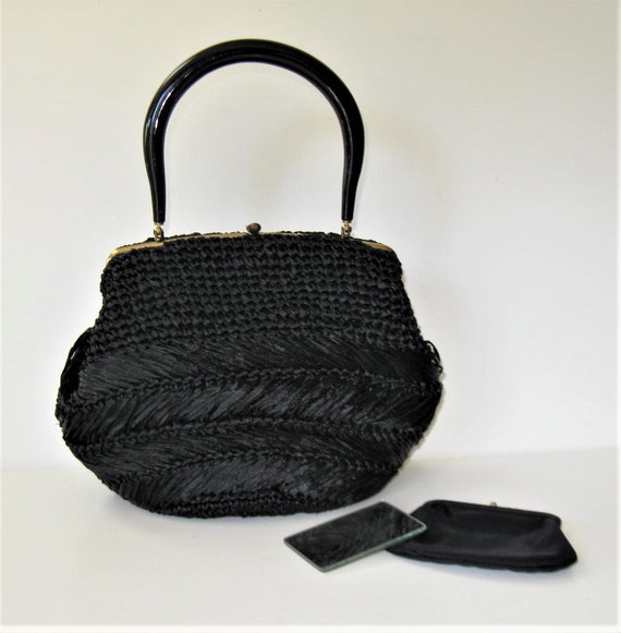 Vintage crocheted black straw handbag Lucite handle 10 | Etsy