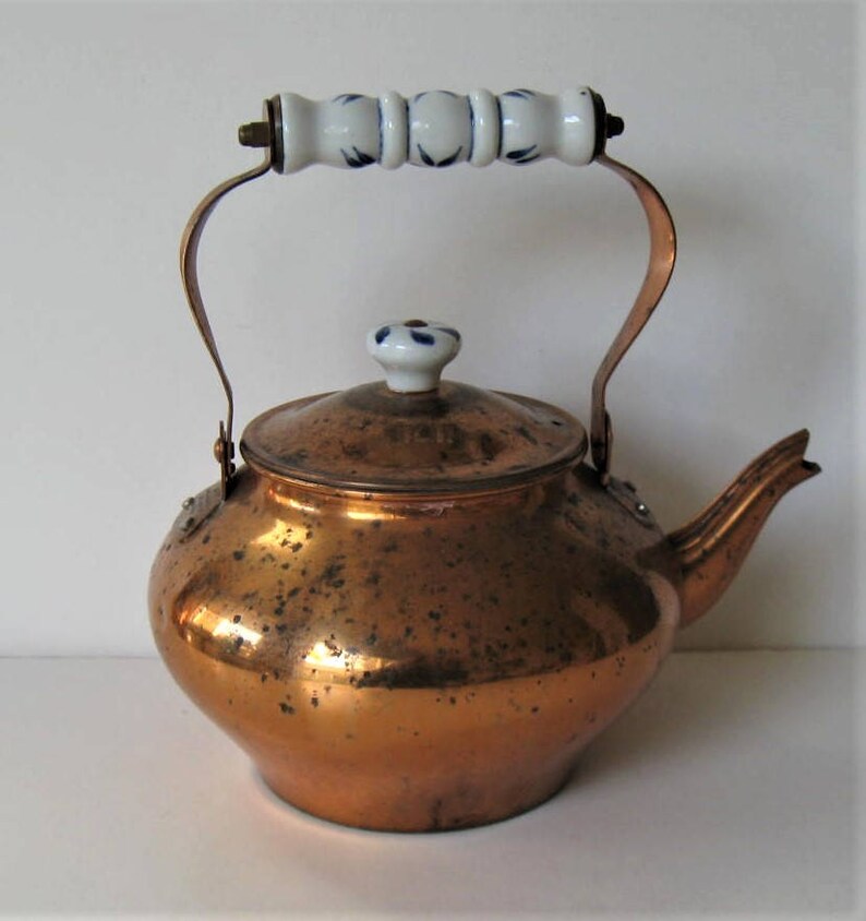 Vintage copper teapot Delft blue ceramic handle Tea Kettle Etsy