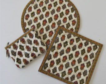 3 Vintage Valdrome French Country Provencal cotton fabric items, pot holder, pouch, round table matPierre Deux, Farmhouse kitchen linens