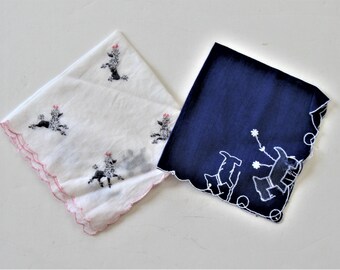 2 vintage dog ladies handkerchiefs, embroidered French Poodles, Scottie dogs, navy blue and white, scalloped edges,  animal lover, gift idea