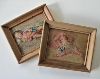 2 Shabby antique framed Maud Tousy Fangel relief prints, 1920's Napping baby art, 6" x 5", nursery décor, child's wall hangings, baby gift,