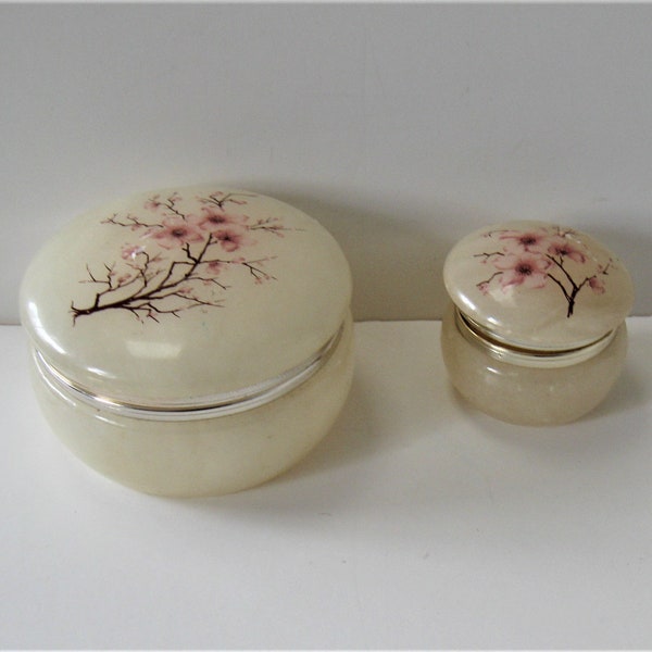 Set of 2 round Alabaster hinged Trinket boxes, 3" and 2" diameters, Cherry blossom designs,  beige and pink, ring boxes, jewelry boxes, gift