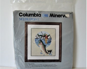 Vintage 1985 Columbia Minerva "Trout Fishing" sealed Needlepoint kit, 16" x 18", fishing needlepoint, pillow, wall hanging, gift idea