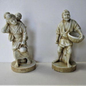 2 antique ceramic Chinese family figurines 5&quot; tall mother and child Chinoiserie vintage Asian home decor longevity statues gift