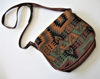 Vintage Talbot's Kilim with leather trim shoulder purse, 10" x 9, Made in Italy, adjustable leather strap, tapestry crossbody bag, gift idea
