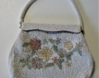 Vintage white pastel floral beaded handbag, 10", x 7", satin lining, Wedding, Gold framed flip top, beaded handle, Mid Century evening bag