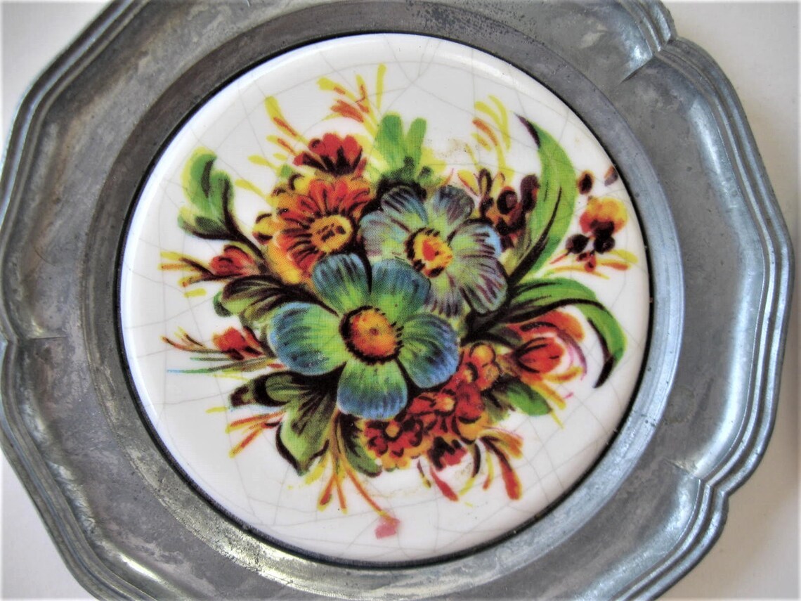Set of 8 Vintage Rein Zinn Pewter Coasters ceramic insert Etsy
