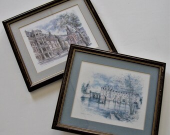 2 vintage framed French Chateau watercolor prints, 9 1/2" x 8 /12", French Legai print wall gallery, shabby wall décor, Mid Century style