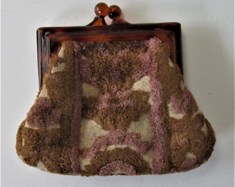 Vintage Italian fabric coin purse, small brown chenille fabric coin pouch, tortoise colored hard frame, Made in Italy, unique gift idea