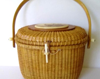 Vintage signed Barlow Nantucket basket purse, sepia Quail etching, 8 1/2" x 7",  woven wicker rattan handbag, faux scrimshaw,  gift idea