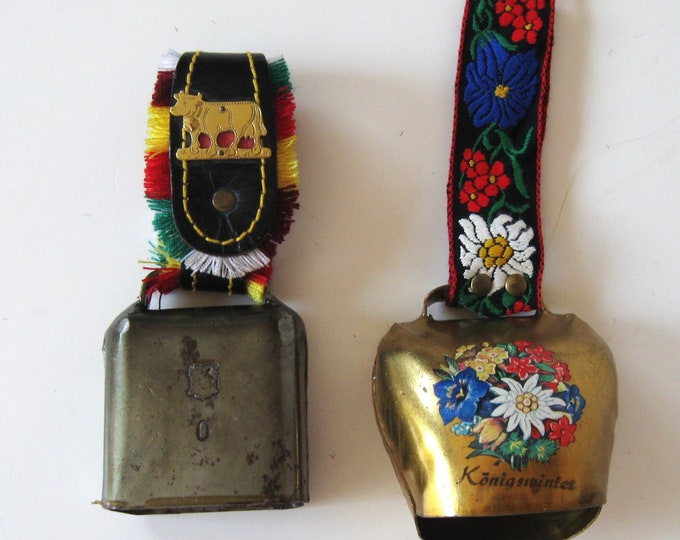 2 Large Vintage Brass Swiss Cow Bells, Flowers, Fringed Leather and