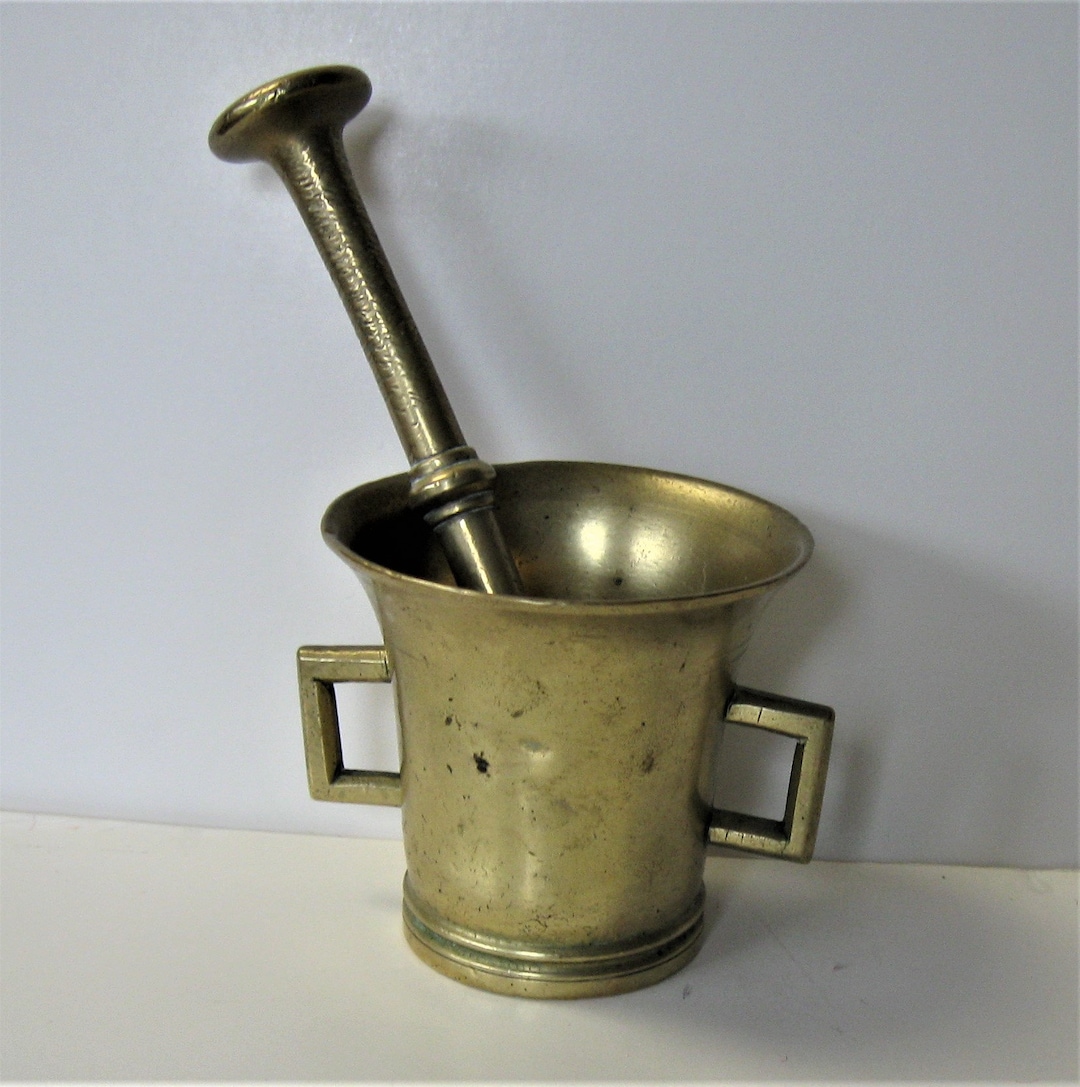 Antique Solid Brass Mortar and Pestle Set, 3 Tall, Heavy Victorian