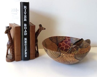 2 Vintage hand carved and painted African collectibles, zebra wooden bowl, giraffe bookends, Made in Kenya, rustic tribal home décor, gift