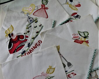 7 vintage Spanish days of the week embroidered linen tea towels, 23" x 21 1/2", green gingham border with hanging loop, retro kitchen linen