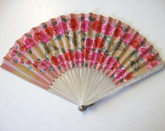 Vintage ladies folding paper Hand Fan, Asian Home Decor, 15" x 8, pink flowers, gold butterflies, costume accessory, Boho accessary, gift