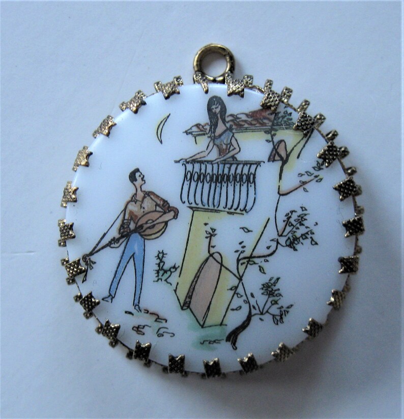Romeo and Juliet Vintage painted necklace pendant woman/'s accessory 1 12 diameter gold filigree trim man serenading woman gift