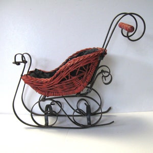 Vintage red wicker and black metal Santa Sled, wicker doll sleigh, Sleigh Christmas ornament, holiday centerpiece, gift container, gift idea image 3