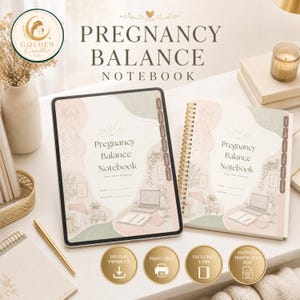 Peut inclure: Une tablette numérique et un carnet à spirales intitulé Pregnancy Balance Notebook. Les couvertures présentent des illustrations d'une personne enceinte, d'un ordinateur portable et de plantes. Quatre icônes dorées indiquent produit numérique, imprimable, onglets inclus et téléchargement PDF.
