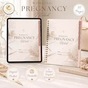Pode incluir: Um tablet digital e um caderno de espiral intitulado Working Pregnancy Notebook, ambos com capa bege, uma imagem suave de uma pessoa segurando a barriga, seções com abas e linhas para nome e data de início, 81 páginas.