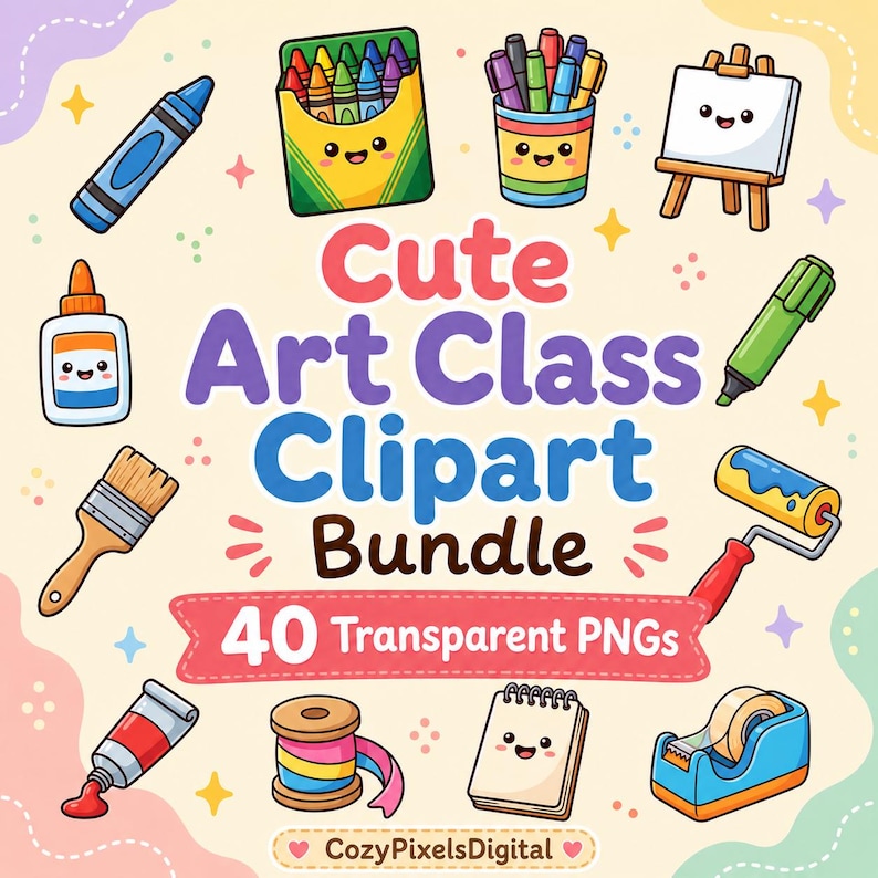 Art Class Clipart Bundle, 40 Transparent Pngs, School Supplies Digital