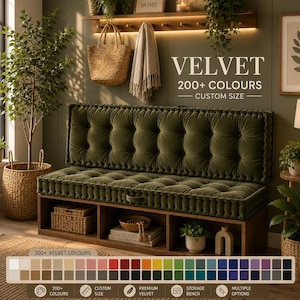 May include: A dark olive green tufted velvet bench cushion set with a matching backrest, featuring a thick, button-tufted design. The text on the wall reads VELVET 200+ COLOURS CUSTOM SIZE, accompanied by a color palette chart at the bottom of the image.