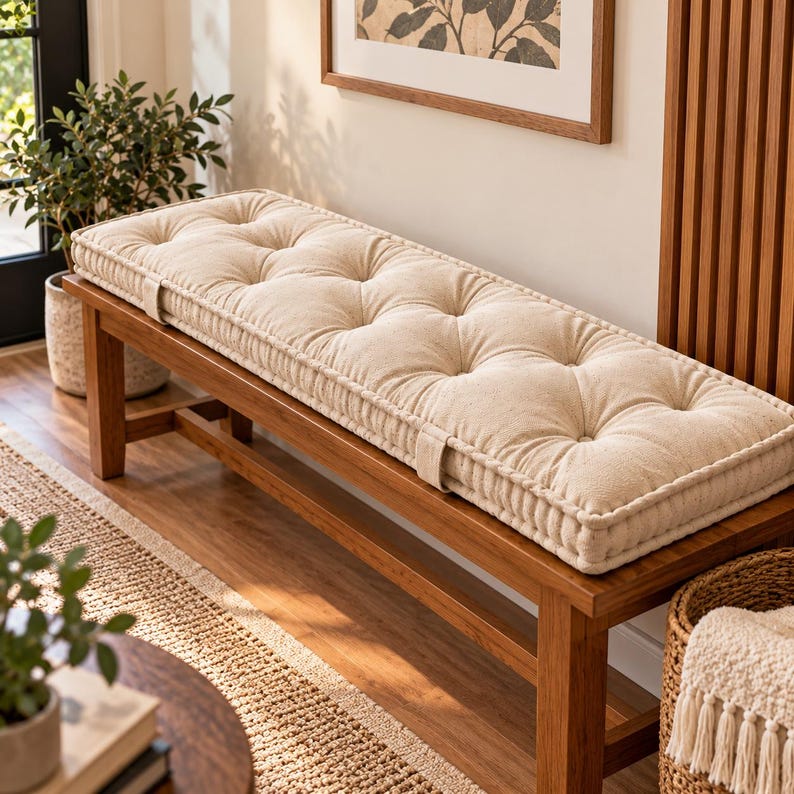 Custom Canvas Tufted Bench Cushion, Rectangular Indoor Seating Pad ...