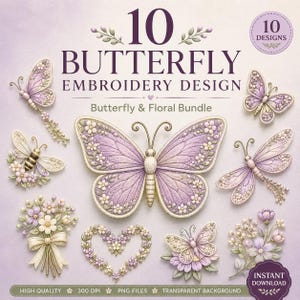 Puede incluir: Una colección digital de 10 diseños de bordado de mariposas con motivos florales en morado y blanco. La imagen incluye varias ilustraciones de mariposas, un ramo de flores con un lazo y una corona en forma de corazón sobre un fondo morado claro.