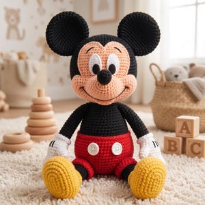 May include: A crocheted Mickey Mouse doll featuring a black head with large round ears, a peach-colored face, a black nose, and a wide smile. The doll wears a black shirt, red shorts with two white buttons, white gloves, and yellow shoes.