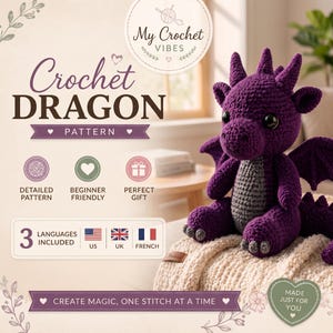 Crochet Dragon Pattern PDF | Amigurumi Dragon Pattern | Fantasy Dragon Plush Tutorial | 3 Languages Included | Instant Download