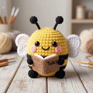 May include: A yellow and black crocheted bee plush toy with white wings, pink cheeks, and black antennae. The bee is holding a small brown crocheted book with the word "Tales" embroidered in black on the cover. The toy has black safety eyes.