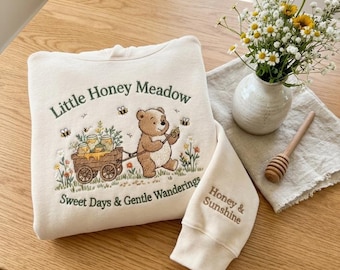 Little Honey Meadow Embroidered Shirt, Cute Bear & Honey Bee Embroidery Sweatshirt, Cottagecore Wildflower Nature Lover Gift