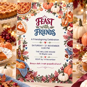 Friendsgiving Invitation Template, Feast with Friends, Editable Canva, Thanksgiving Invitation, Fall Dinner Party Invite, 5x7 & Mobile