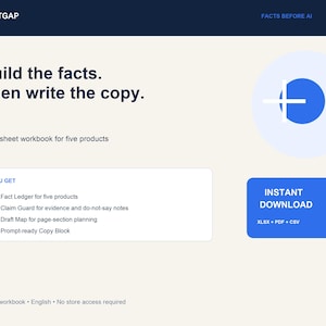 Könnte beinhalten: Ein digitales Arbeitsbuch mit dem Titel CARTGAP und dem Text Build the facts. Then write the copy. Es enthält ein Fact Ledger, Claim Guard, Draft Map und Prompt-ready Copy Block für fünf Produkte. Ein blauer Button zeigt INSTANT DOWNLOAD in XLSX, PDF und CSV an.