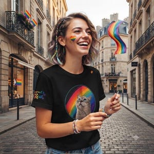 Może przedstawiać: Czarny t-shirt z okrągłą grafiką przedstawiającą kota patrzącego w górę na tle tęczy. Na rękawie znajduje się kolorowy napis, a koszulkę nosi uśmiechnięta osoba z namalowanym tęczowym sercem na policzku.
