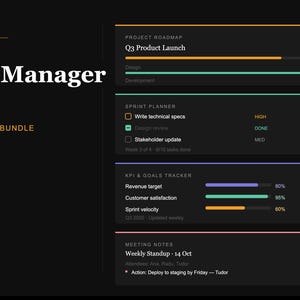 Project Manager Toolkit Notion Template | Roadmap, Sprint Planner, KPI Tracker, Risk Log & Meeting Notes
