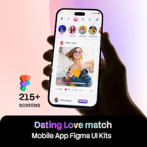 May include: A smartphone displaying a dating app interface with a profile photo of a person in a yellow top, navigation icons, and user activity metrics. The screen shows the text Dating Love match Mobile App Figma UI Kits and 215+ SCREENS.